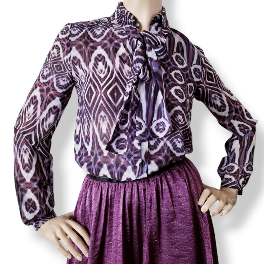 Olivia Moon Retro Ikat Pattern Purple, Black & White Neck Tie Blouse